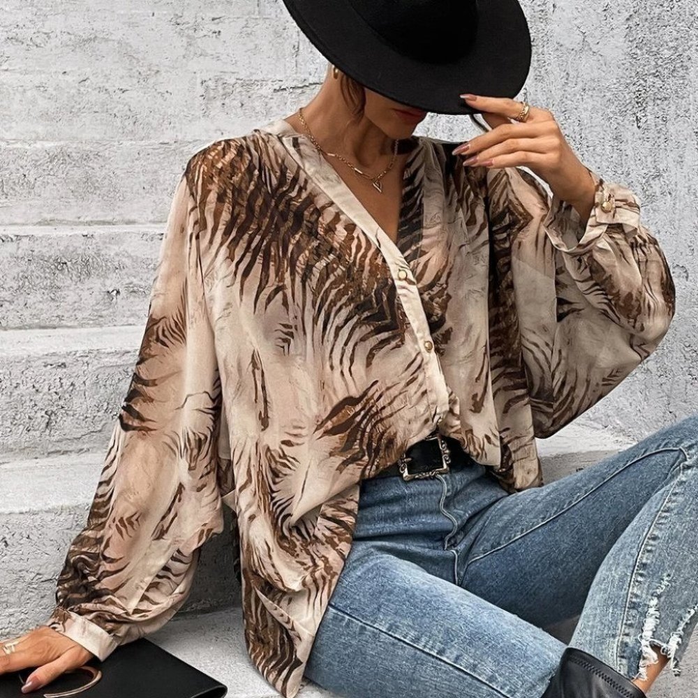 Multicolor Womens tiger print button down Shirt - Picture 3 of 5